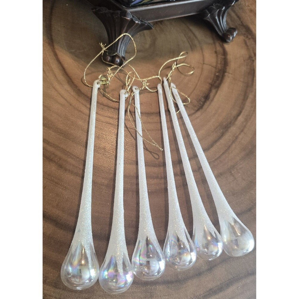6 FROSTY & CLEAR GLASS LONG TEARDROP ICICLE CHRISTMAS ORNAMENTS
